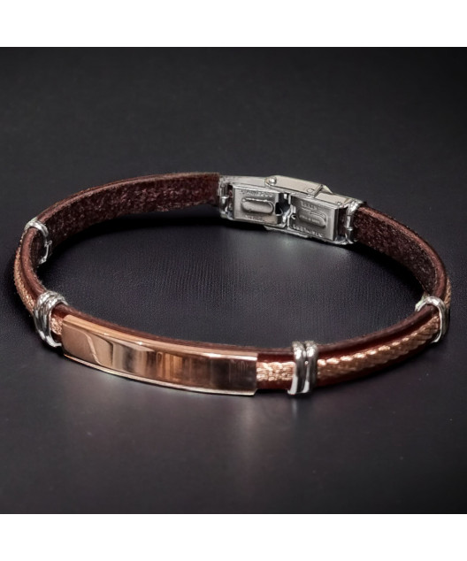 Bracelet Acier tresse et plaque cuivre & Cuir marron