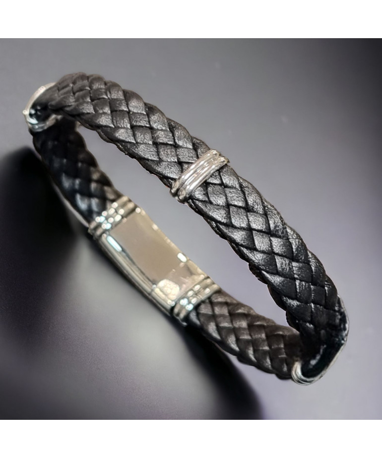 Bracelet Acier & Cuir noir tressé