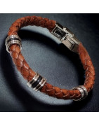 Bracelet Homme Acier & Cuir marron tressé
