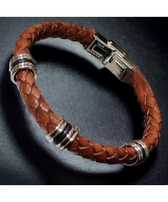 Bracelet Homme Acier & Cuir marron tressé