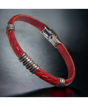 Bracelet Acier & Cuir rouge tressé