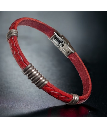 Bracelet Homme Acier & Cuir rouge tressé