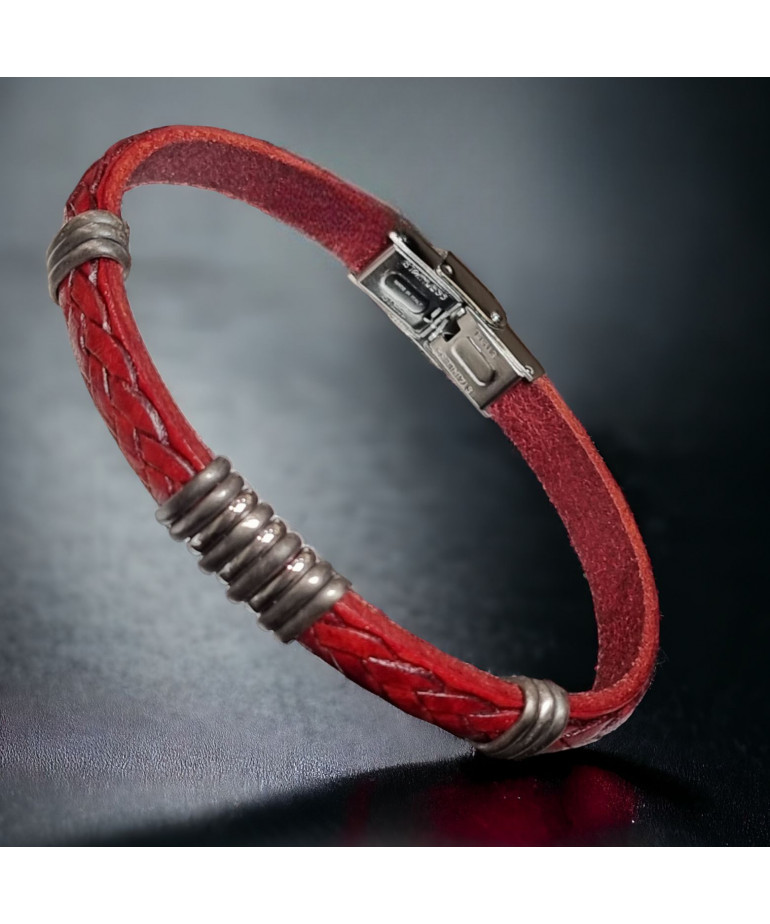 Bracelet Homme Acier & Cuir rouge tressé