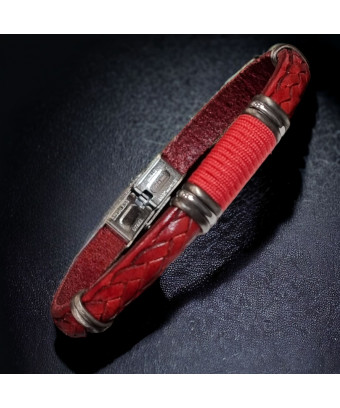 Bracelet Acier & Cuir rouge et Cordon tressés