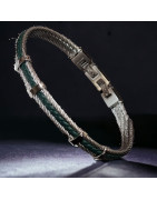 Bracelet Homme Acier câble & Cuir vert tressé