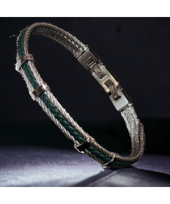 Bracelet Acier câble & Cuir vert tressé