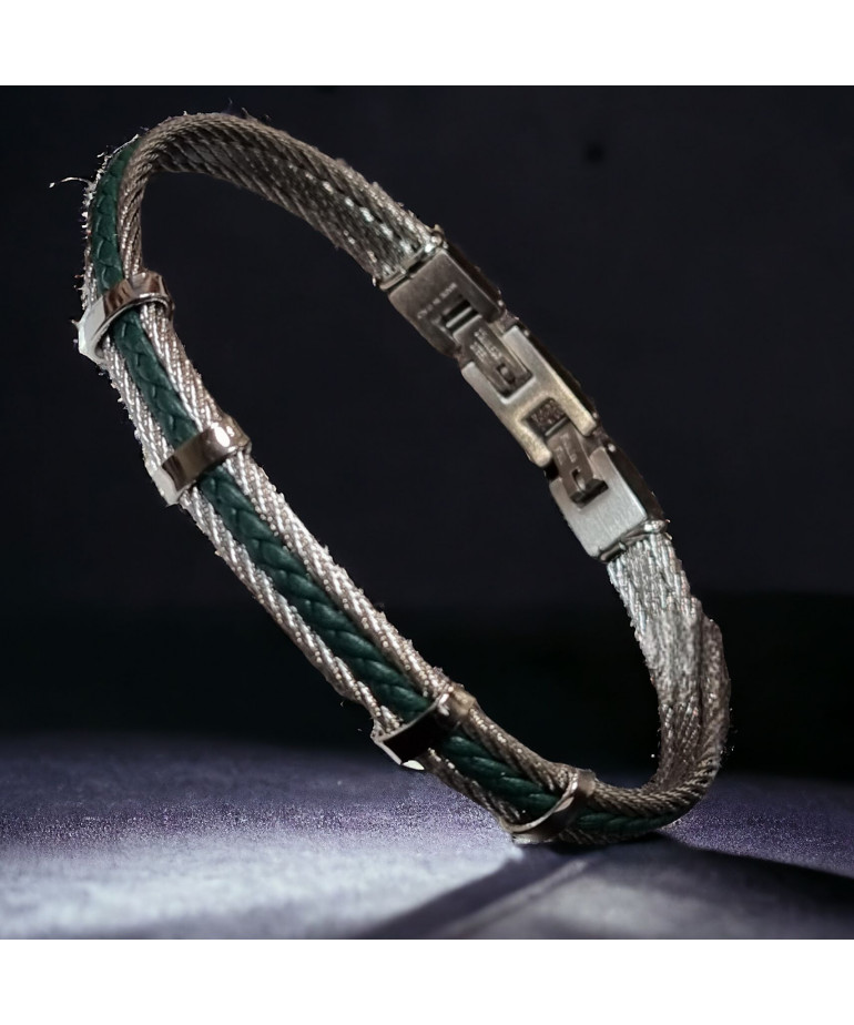 Bracelet Homme Acier câble & Cuir vert tressé