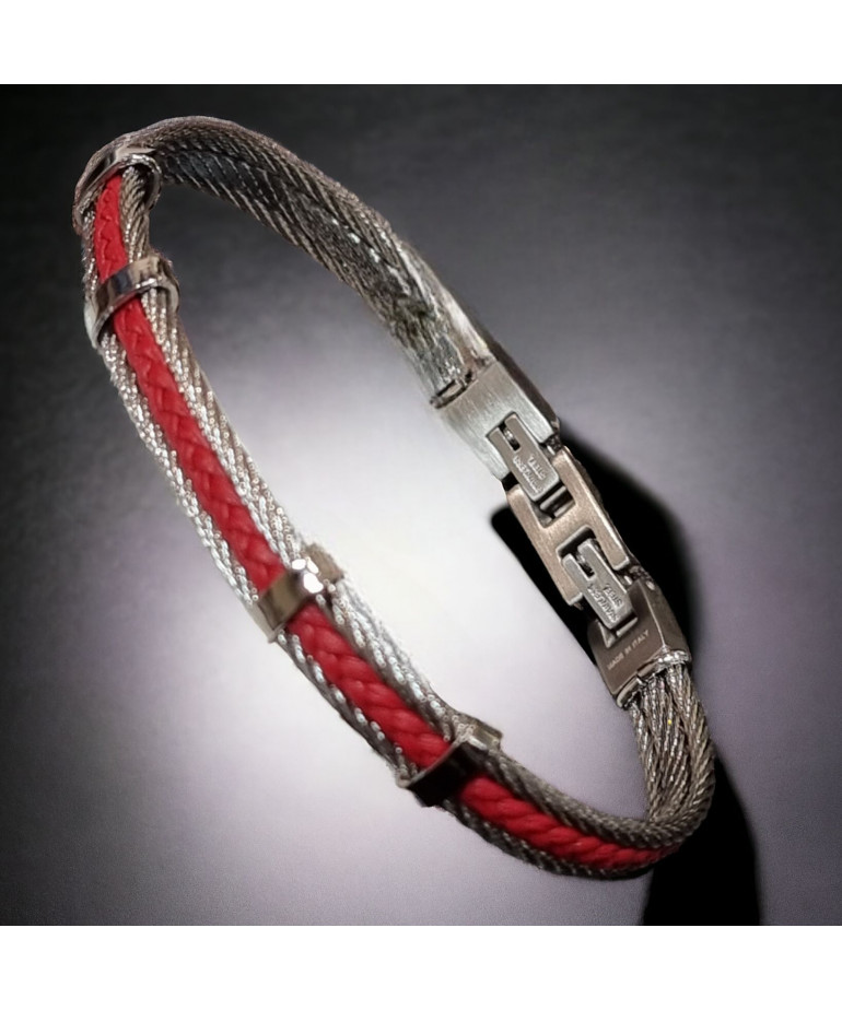 Bracelet Homme Acier câble & Cuir rouge tressé