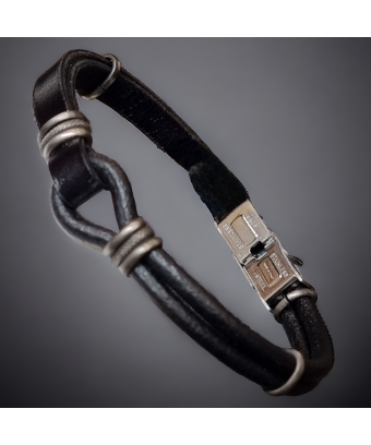 Bracelet "boucle" Acier & Cuir noir