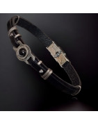 Bracelet Homme Acier mat & Cuir noir avec Onyx