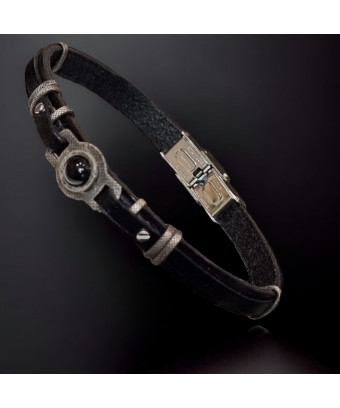 Bracelet Acier mat & Cuir noir avec Onyx
