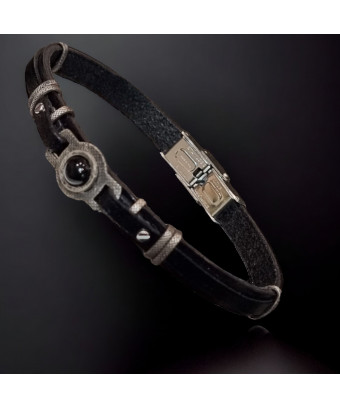 Bracelet Homme Acier mat & Cuir noir avec Onyx