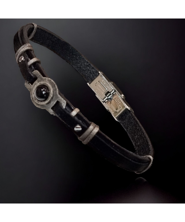 Bracelet Homme Acier mat & Cuir noir avec Onyx