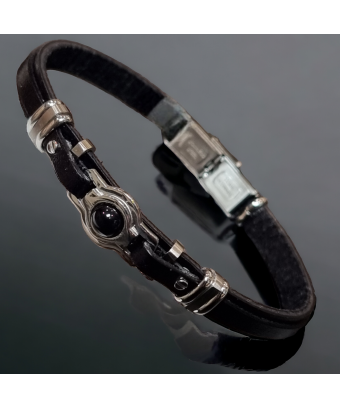 Bracelet Acier & Cuir noir avec Onyx