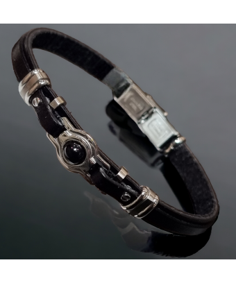 Bracelet Homme Acier & Cuir noir avec Onyx