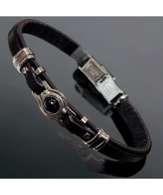 Bracelet Homme Acier & Cuir noir avec Onyx