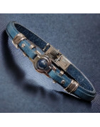 Bracelet Homme Acier & Cuir bleu avec bille de Lapis-lazuli