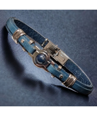 Bracelet Homme Acier & Cuir bleu avec bille de Lapis-lazuli