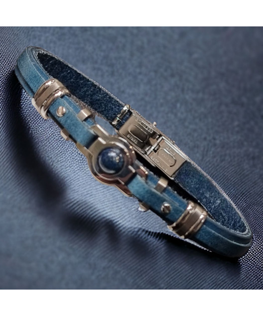 Bracelet Acier & Cuir bleu avec bille de Lapis-lazuli