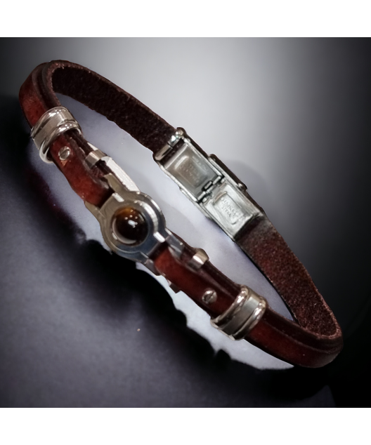 Bracelet Acier & Cuir noir avec Œil de tigre
