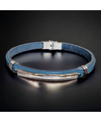 Bracelet Homme Acier & Cuir bleu "Strass"