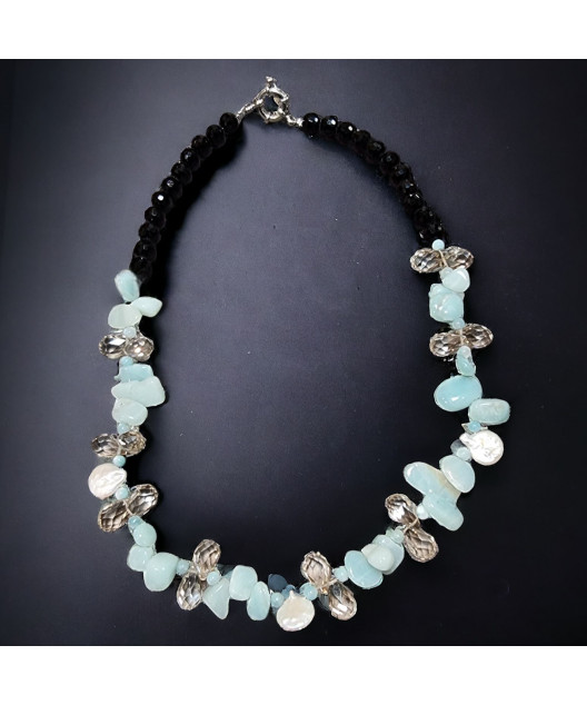 Collier Amazonite baroque Onyx facettée & Perles d'eau douce