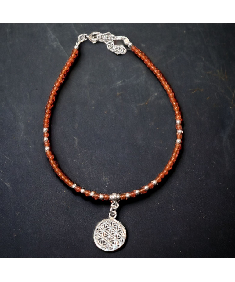 Bracelet Cornaline avec Fleur de vie Argent 925