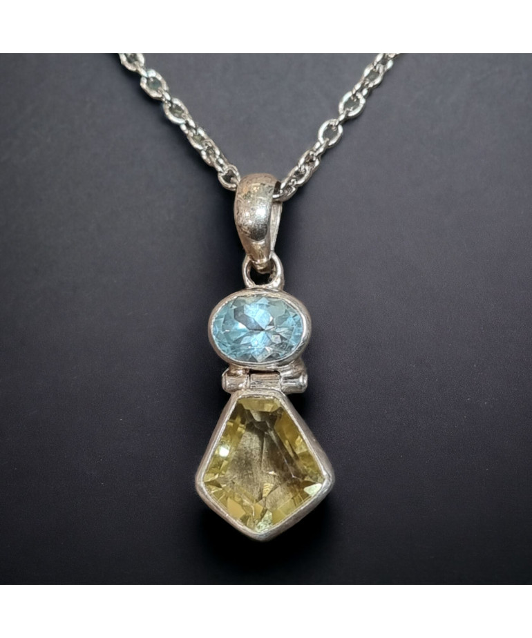 Pendentif Citrine & Topaze bleue  Argent 925 sur chaîne