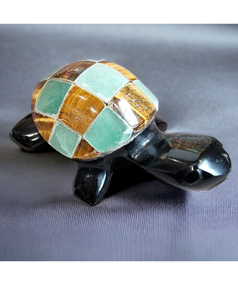 Tortue Obsidienne Œil de tigre & Jade pm