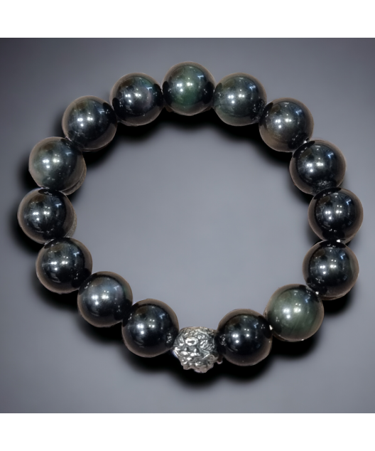 Bracelet Obsidienne Œil céleste avec insert tête de dragon  Pierre rondes 12mm