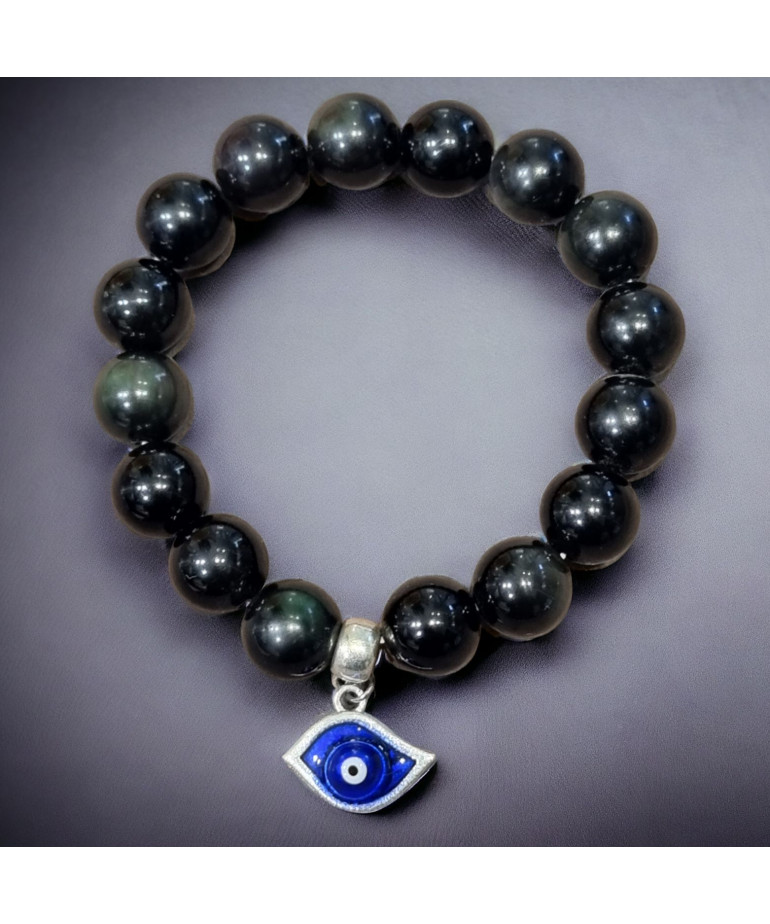 Bracelet Obsidienne Œil céleste avec œil turc Pierre rondes 12mm