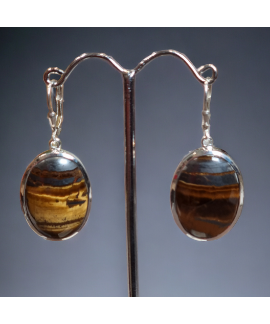 Boucles Œil de tigre Ovales serties Argent 925 (s)