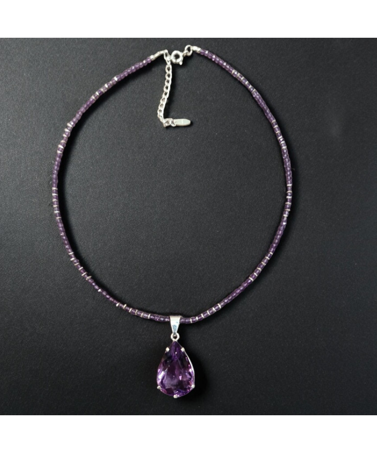 Pendentif Améthyste sur collier Améthyste facettée Argent 925