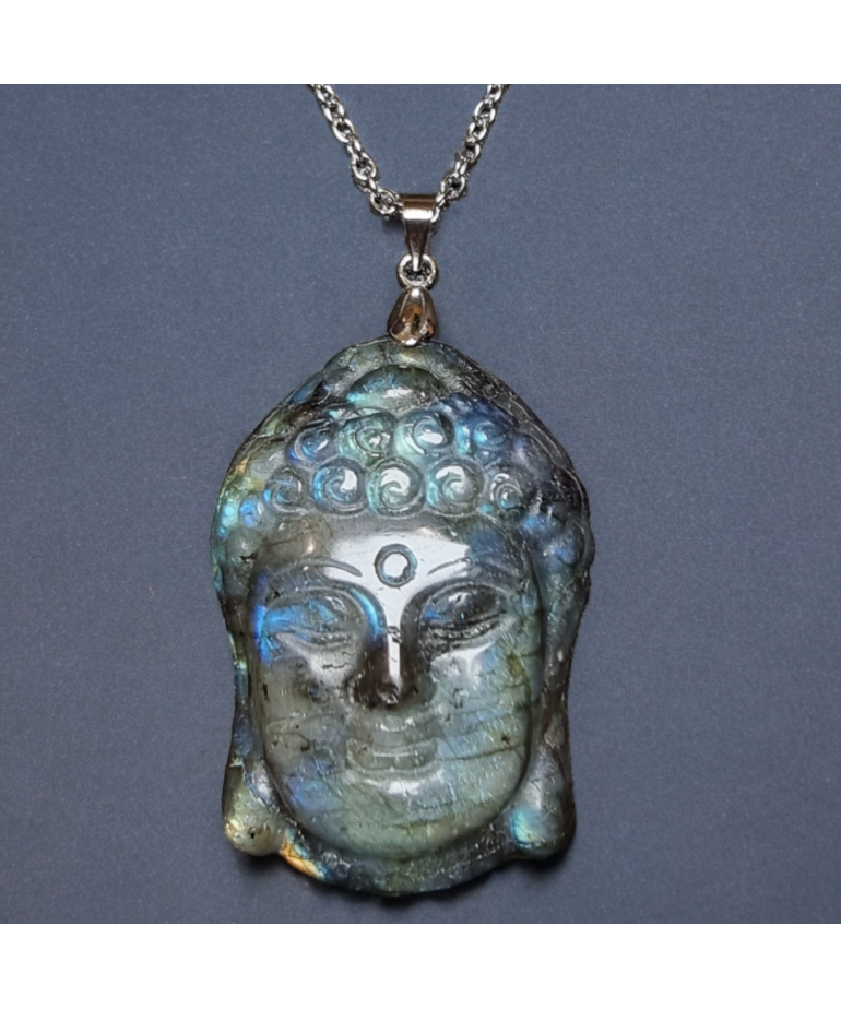 Pendentif Labradorite Tête de Bouddha avec chaîne