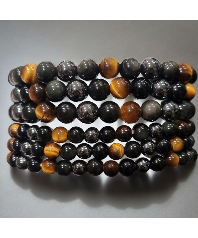 Bracelet Œil de tigre Obsidienne Œil céleste & Hématite Pierres rondes 6mm