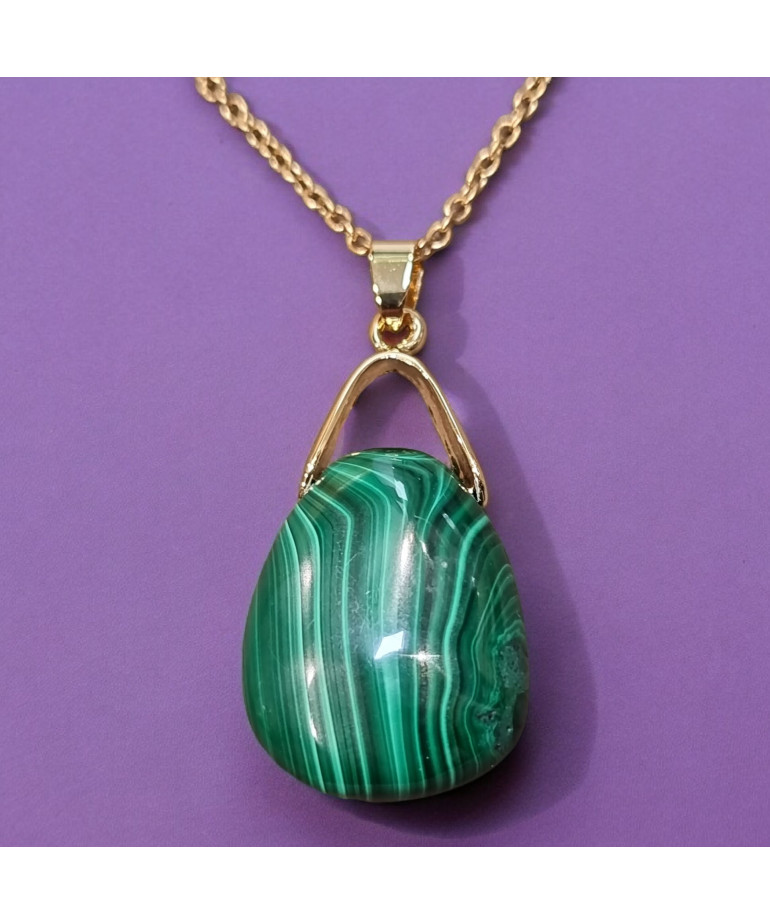 Pendentif Malachite avec chaîne acier inox dorée