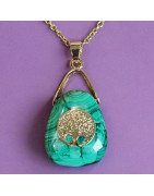 Pendentif Malachite Arbre de vie avec chaîne acier inox dorée
