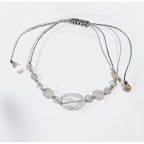 Bracelet Quartz Rose et Swarovski sur Cordon Argenté Réglable