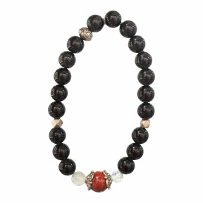 Bracelet Obsidienne Argentée et Inserts Acier et Billes Pierres Rondes 8mm