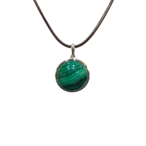 Pendentif Malachite Rond 2cm de Diamètre Argent 925 sur Cordon Réglable