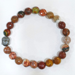 Bracelet Jaspe Bréchique avec Tête de Bouddha Pierres Rondes Facettées 8mm