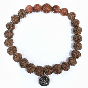 Bracelet Pierre de Soleil Reconstituée et Œil de Rudraksha avec Breloque Fleur de Lotus Pierres Rondes 8mm