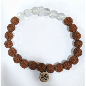 Bracelet Opaline et Œil de Rudraksha avec Breloque Fleur de Lotus Pierres Rondes 8mm