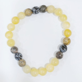 Bracelet Calcite Jaune Jaspe Paysage et Obsidienne Neige Pierres Rondes 8mm Modèle 1