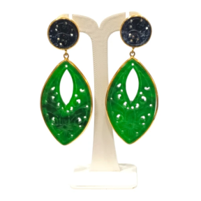 Boucles Jade Vert et Noir Ciselées Navette Argent 925 Plaqué Or