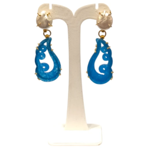 Boucles Jade Bleu et Perles d'Eau Douce Ciselé Aile d'Ange Argent 925 Plaqué Or
