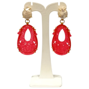 Boucles Jade Rouge et Perles d'Eau Douce Ciselé Argent 925 Plaqué Or