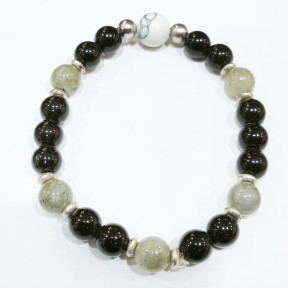 Bracelet Onyx Labradorite 8mm et Howlite 10mm Pierres Rondes avec Inserts Acier