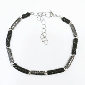 Bracelet Onyx et Hématites Petites Rondelles 4mm Fermoir Acier 19 + 5 cm