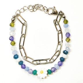 Bracelet Perles de Verre Enfant avec Pâquerette et Chaîne Acier 13 + 5 cm
